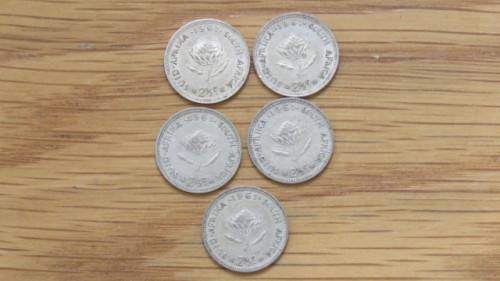 Five Republic of South Africa Silver 1961 Two and a Half Cent Coins 1.4 g Each