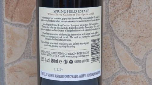 Sealed 750ml Bottle of Springfield Estate 2018 Whole Berry Cabernet Sauvignon