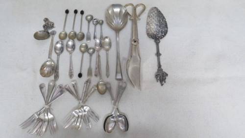 Collection of Thirty Three Silver Plated Teaspoons, Forks, Serving Spoons Details in Description