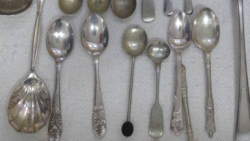 Collection of Thirty Three Silver Plated Teaspoons, Forks, Serving Spoons Details in Description