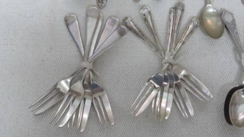 Collection of Thirty Three Silver Plated Teaspoons, Forks, Serving Spoons Details in Description