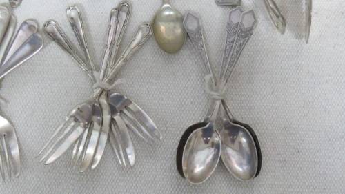 Collection of Thirty Three Silver Plated Teaspoons, Forks, Serving Spoons Details in Description
