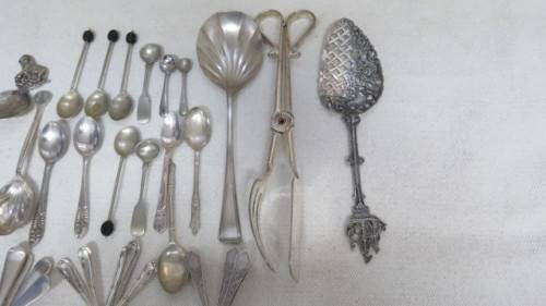 Collection of Thirty Three Silver Plated Teaspoons, Forks, Serving Spoons Details in Description