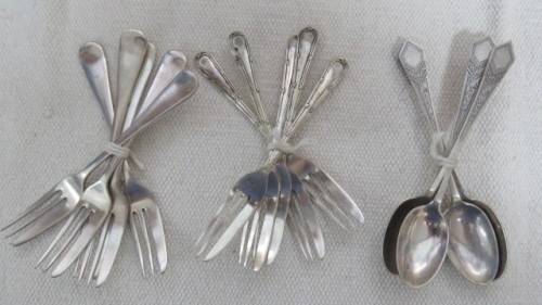Collection of Thirty Three Silver Plated Teaspoons, Forks, Serving Spoons Details in Description