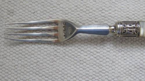 Hallmarked Henry Adcock Birmingham 1856-57 Silver Fork With Pearlised Handle 36 g