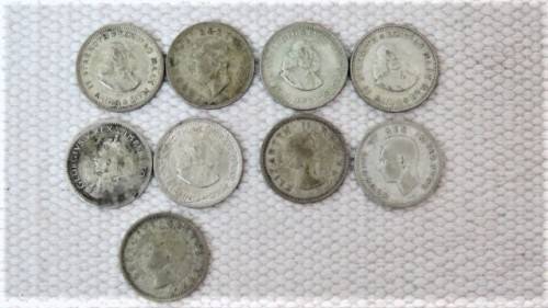 4 RSA Silver Five Cents Coins and 5 Union of South Africa Silver Sixpence Coins See Description