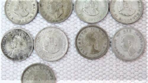 4 RSA Silver Five Cents Coins and 5 Union of South Africa Silver Sixpence Coins See Description