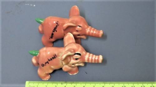 Vintage 1956-61 Wade (Ulster) Shamrock Pottery `Never Again!` & `Oh, My Head!` Small Pink Elephants