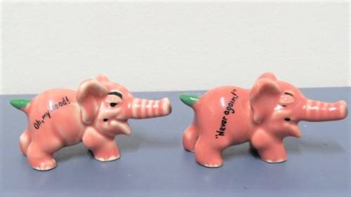 Vintage 1956-61 Wade (Ulster) Shamrock Pottery `Never Again!` & `Oh, My Head!` Small Pink Elephants