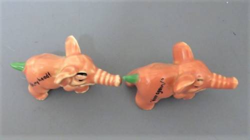 Vintage 1956-61 Wade (Ulster) Shamrock Pottery `Never Again!` & `Oh, My Head!` Small Pink Elephants