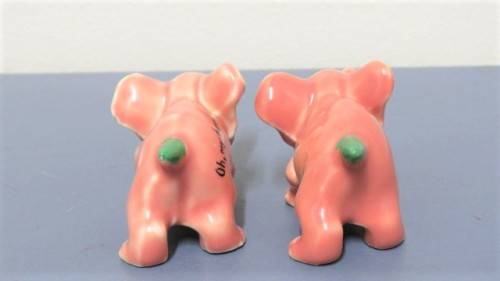 Vintage 1956-61 Wade (Ulster) Shamrock Pottery `Never Again!` & `Oh, My Head!` Small Pink Elephants