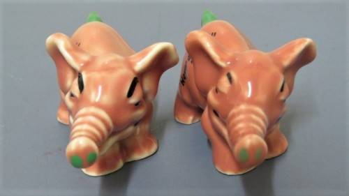 Vintage 1956-61 Wade (Ulster) Shamrock Pottery `Never Again!` & `Oh, My Head!` Small Pink Elephants