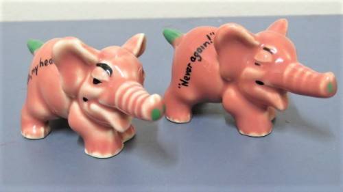 Vintage 1956-61 Wade (Ulster) Shamrock Pottery `Never Again!` & `Oh, My Head!` Small Pink Elephants