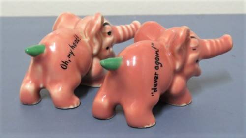 Vintage 1956-61 Wade (Ulster) Shamrock Pottery `Never Again!` & `Oh, My Head!` Small Pink Elephants