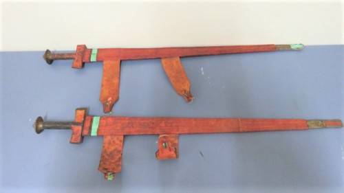 Two Vintage Handmade Saharan Taureg Takouba Swords With Leather Scabbards SOLD AS IS 92 cm