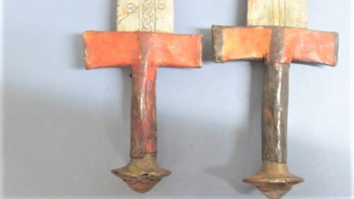 Two Vintage Handmade Saharan Taureg Takouba Swords With Leather Scabbards SOLD AS IS 92 cm