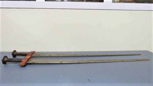 Two Vintage Handmade Saharan Taureg Takouba Swords With Leather Scabbards SOLD AS IS 92 cm