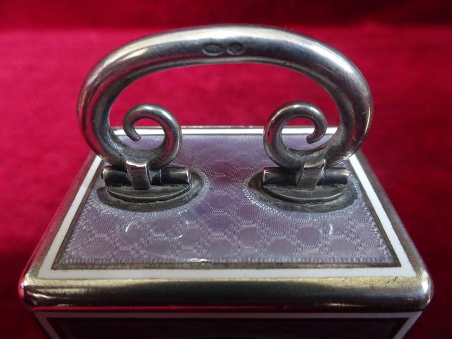 Lovely Sterling Silver And Enamel Miniature Carriage Clock With Guilloché Enamel And Roman Numerals