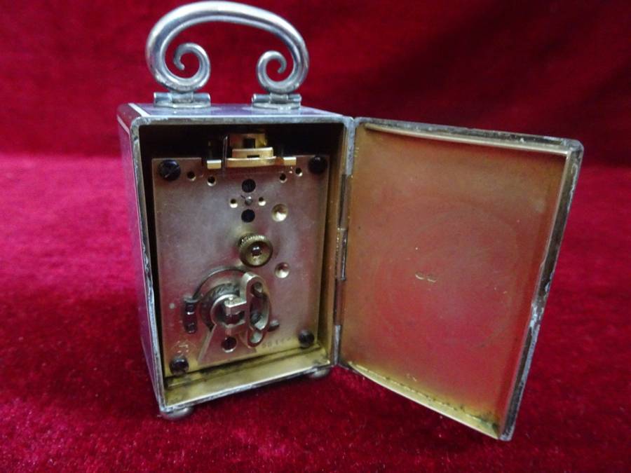 Lovely Sterling Silver And Enamel Miniature Carriage Clock With Guilloché Enamel And Roman Numerals
