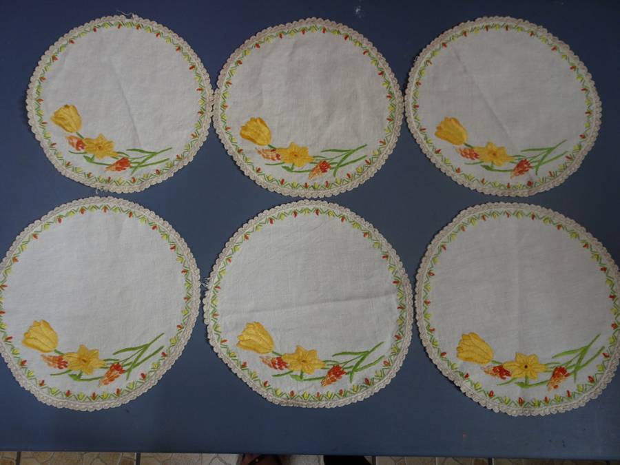 Vintage Set Of Six Embroided Dollies - 25cm x 25cm