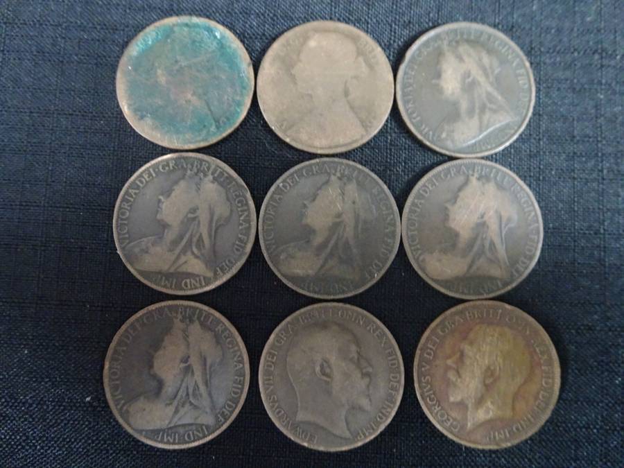 Nine British One Penny Coins - See My Description