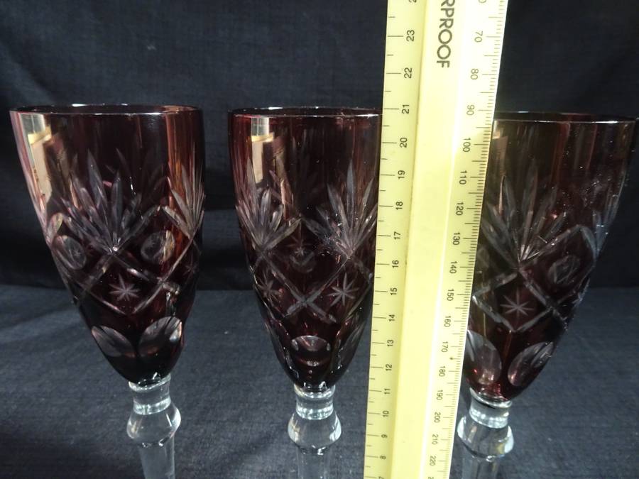 Set Of Three Vintage Burgandy Cut Glass Champagne Glasses - In Excellent Condition