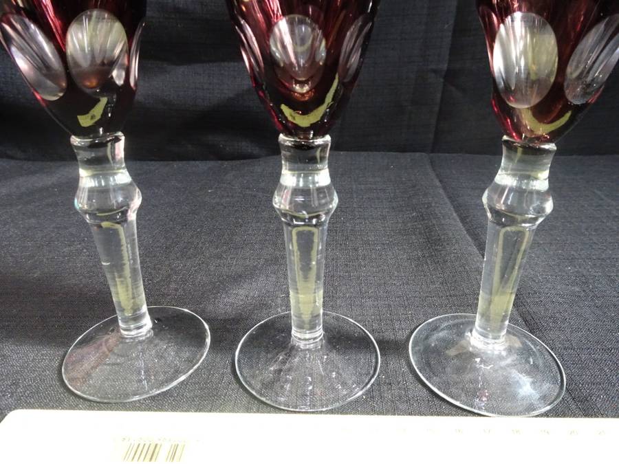 Set Of Three Vintage Burgandy Cut Glass Champagne Glasses - In Excellent Condition