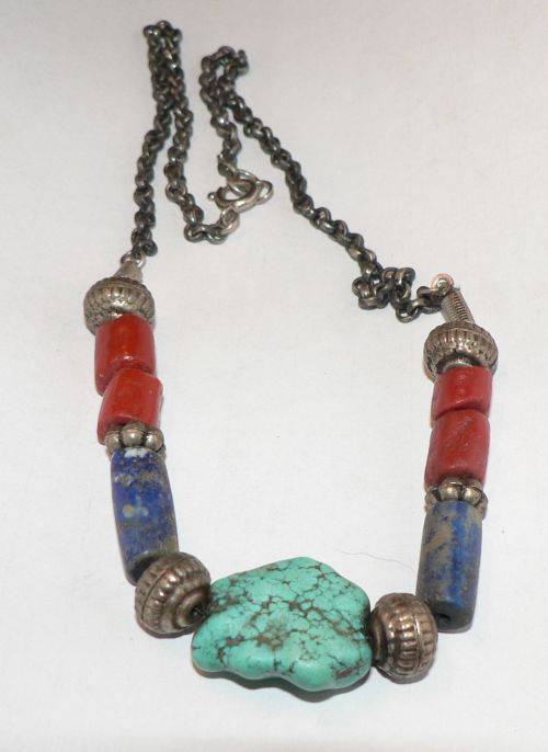 Vintage Indian silver, red coral, lapis lazuli and turquoise necklace