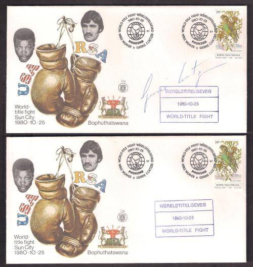 BOP 1980 "WORLD TITLE FIGHT" COVERS. 1 SIGNED BY GERRIE COETZEE. NICE CLEAN ITEMS.