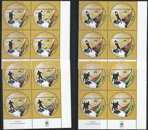 BOTSWANA 2010 JOINT SAPOA WORLD CUP SG 1137-1145 SET OF (X9). UMM IMPRINT BLOCKS OF (X4). CV GBP 52.