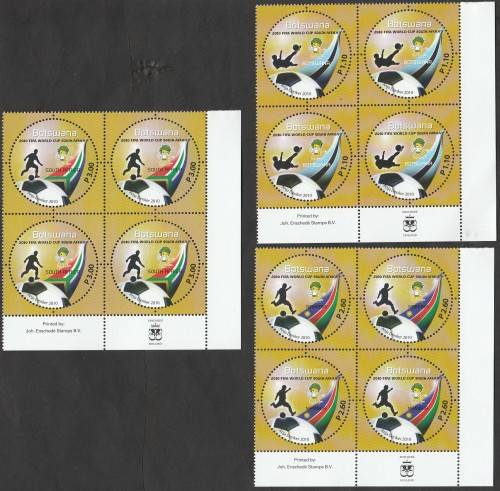 BOTSWANA 2010 JOINT SAPOA WORLD CUP SG 1137-1145 SET OF (X9). UMM IMPRINT BLOCKS OF (X4). CV GBP 52.