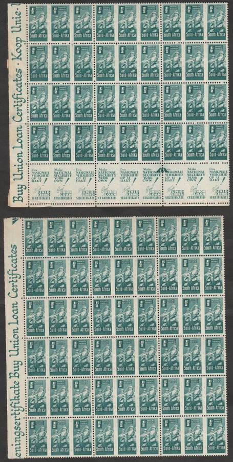 UNION 1942-44 WAR EFFORT REDUCED SIZE 1/2d BLOCKS WITH SLOGANS. SACC 95. MOUNTED IN MARGIN.