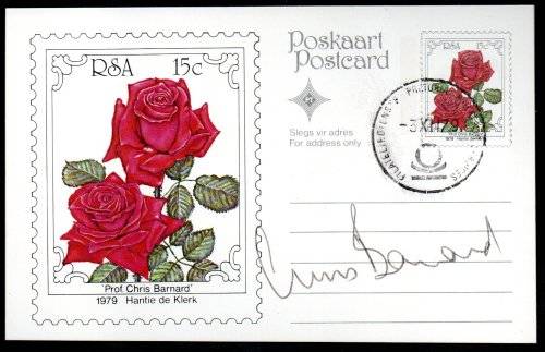 RSA 1979 4TH ROSE CONVENTION 15c POST CARD SIGNED `CHRIS BARNARD`. AS PER SCAN. AWESOME ITEM.