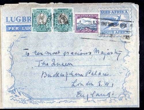 UNION 1952 AIR LETTER ADDRESSED TO `HER MOST PRECIOUS MAJESTY` QEII. NICE CACHET, SLOGAN ETC. NICE.
