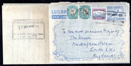 UNION 1952 AIR LETTER ADDRESSED TO `HER MOST PRECIOUS MAJESTY` QEII. NICE CACHET, SLOGAN ETC. NICE.