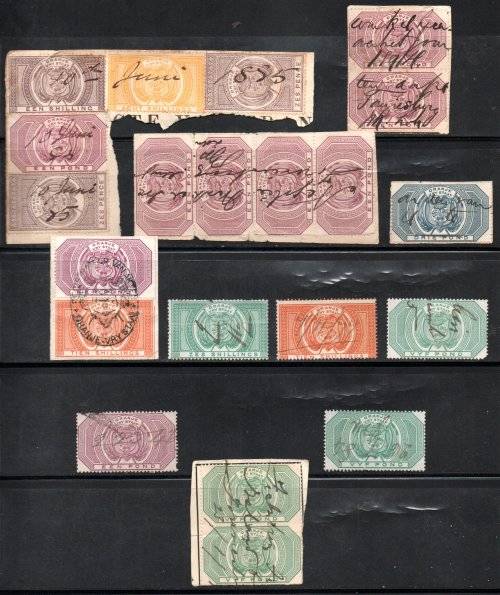 OFS 1882-86 SELECTION OF FISCAL STAMPS. ON PIECE ETC. AS PER SCANS. GOOD VALUE.