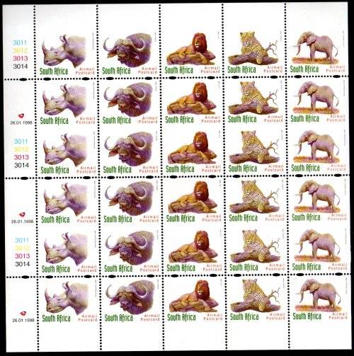 RSA 1998 BIG 5 AIRMAIL RATE UNCUT BOOKLET SHEET OF (X30) STAMPS UMM. DD 26.01.98. GREAT ITEM.