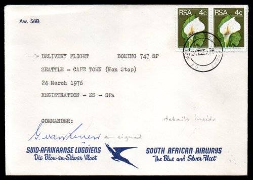 SA AIRWAYS DELIVERY FLIGHT COVER SEATTLE-CPT (NON STOP) SIGNED `COMMANDER G VAN REENEN`. AS BELOW.