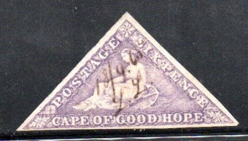COGH 1863-4 6d TRIANGLE FISCALLY USED. AS PER SCANS. GOOD MARGINS. NICE ITEM.