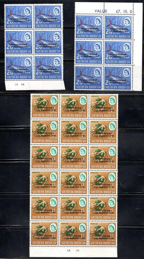 RHODESIA 1966 INDEPENDENCE OVPT SELECTION OF UMM BLKS, PART SHEETS ETC. AS PER SCANS. GOOD VALUE.