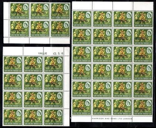 RHODESIA 1966 INDEPENDENCE OVPT SELECTION OF UMM BLKS, PART SHEETS ETC. AS PER SCANS. GOOD VALUE.