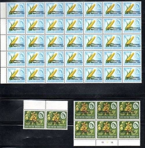 RHODESIA 1966 INDEPENDENCE OVPT SELECTION OF UMM BLKS, PART SHEETS ETC. AS PER SCANS. GOOD VALUE.