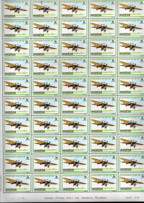 RHODESIA 1978 POWERED FLIGHT SET OF (X6) FULL SHEETS OF (X50) EACH UMM. FOLDED. UNCOMMON.