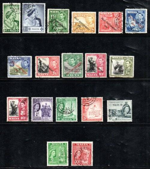MALTA KGVI, QEII USED LOT OF SINGLES inc ROYAL SILVER WEDDING, ODD TOP VALUES. CV GBP 130!
