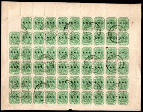 TRANSVAAL/ZAR ERI 1/2d OVERPRINT PART SHEET CANCELLED TO ORDER 24 JULY 1902. STUCK DOWN ON CARD.