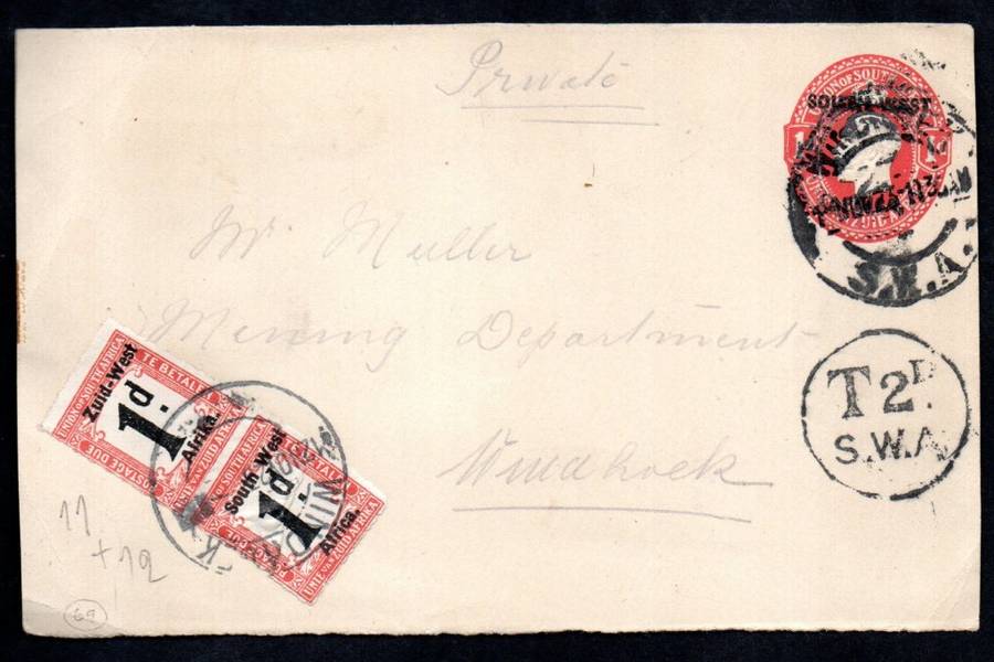 SWA 1923 KGV EMBOSSED COVER (FRONT ONLY) TAXED/POSTAGE DUE. AS PER SCANS.