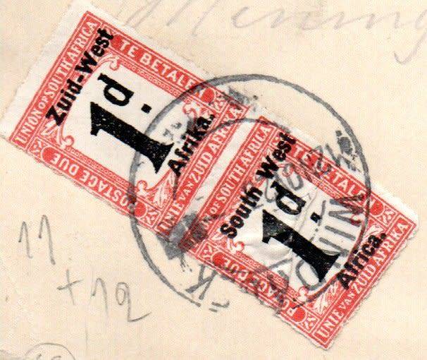 SWA 1923 KGV EMBOSSED COVER (FRONT ONLY) TAXED/POSTAGE DUE. AS PER SCANS.