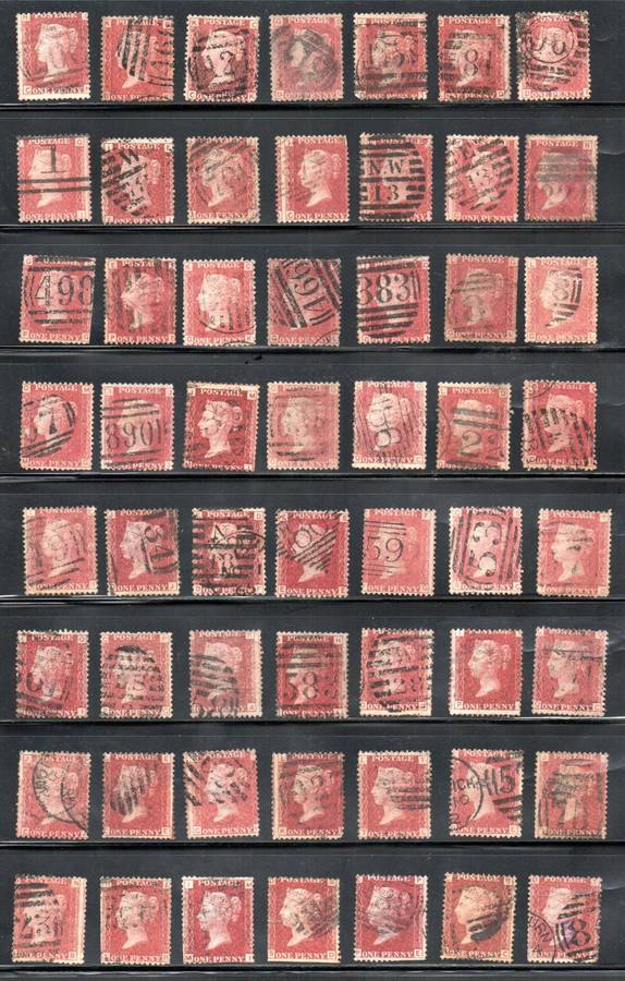 GB SELECTION OF (X56) USED 1 PENNY RED SINGLES. CONDITION AS PER SCANS. UNCHECKED PLATES ETC.