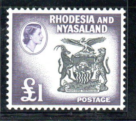 RHODESIA AND NYASALAND 1959 DEF ISSUE 1 POUND UMM  SINGLE. AS PER SCANS. CC32. CV R1100.
