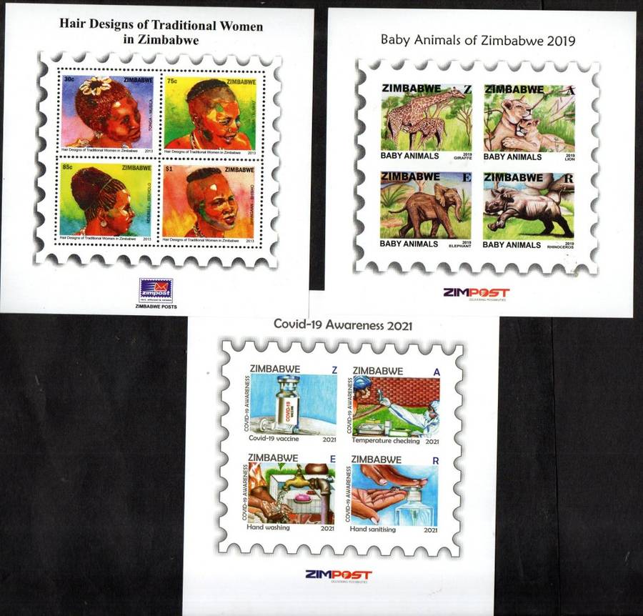 ZIMBABWE SELECTION OF (X3) UMM MINI SHEETS (COVID, ANIMALS, HAIR DESIGNS). IMPERF/PERF. GOOD VALUE.